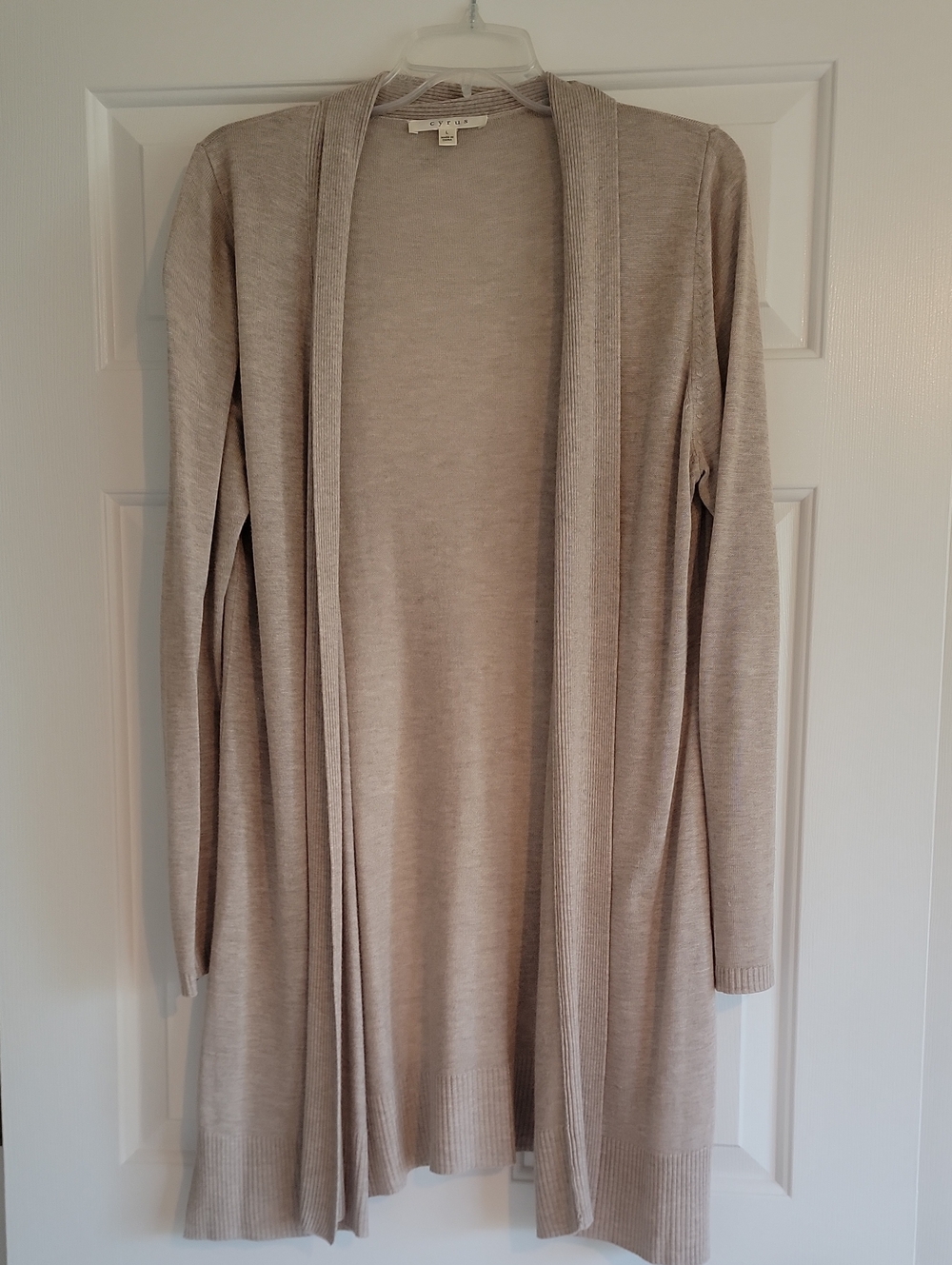 Cyrus Long Open-Front Cardigan Duster in Light Beige, Size L